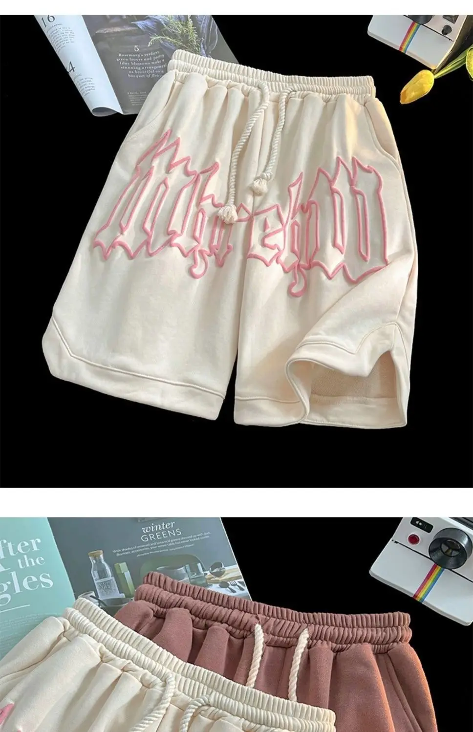 Men's Cream Foam Shorts with Pink Graphic Design — feature 6