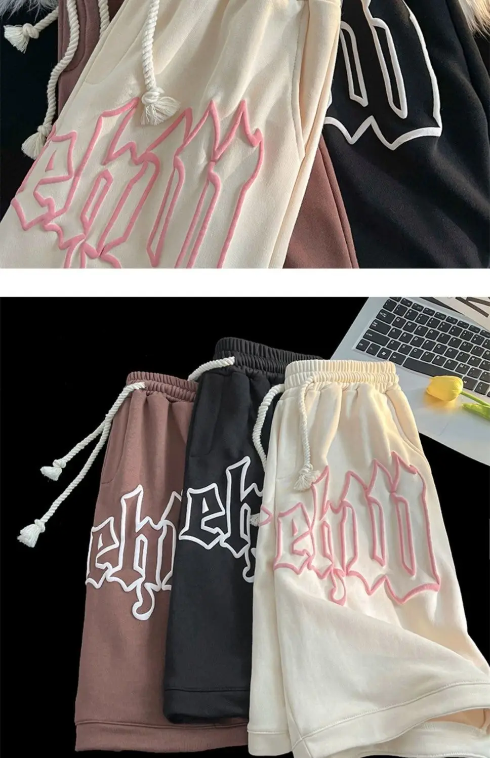 Men's Cream Foam Shorts with Pink Graphic Design — feature 9