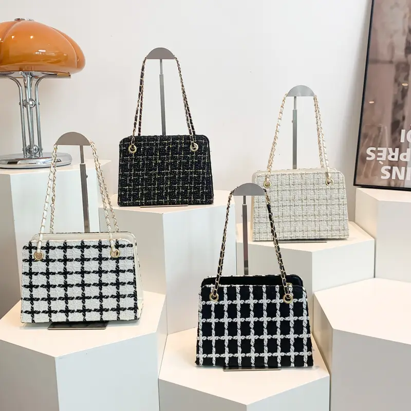 Women Plaid Woolen Shoulder Bag Chain 2024 Spring Summer - Image 5