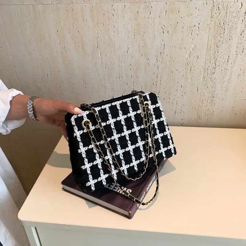 Women Plaid Woolen Shoulder Bag Chain 2024 Spring Summer - Image 6