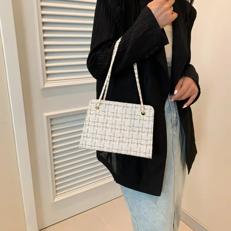 Women Plaid Woolen Shoulder Bag Chain 2024 Spring Summer - Image 7