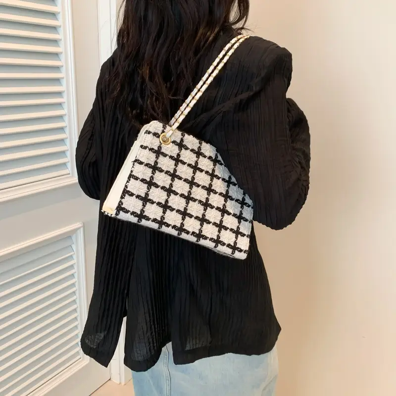 Women Plaid Woolen Shoulder Bag Chain 2024 Spring Summer - Image 8