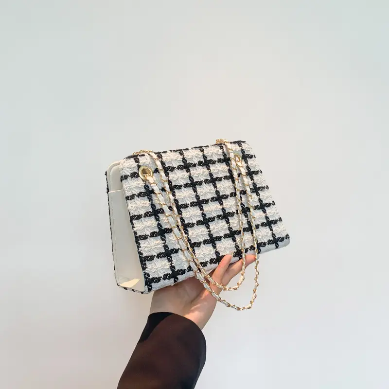 Women Plaid Woolen Shoulder Bag Chain 2024 Spring Summer - Image 2