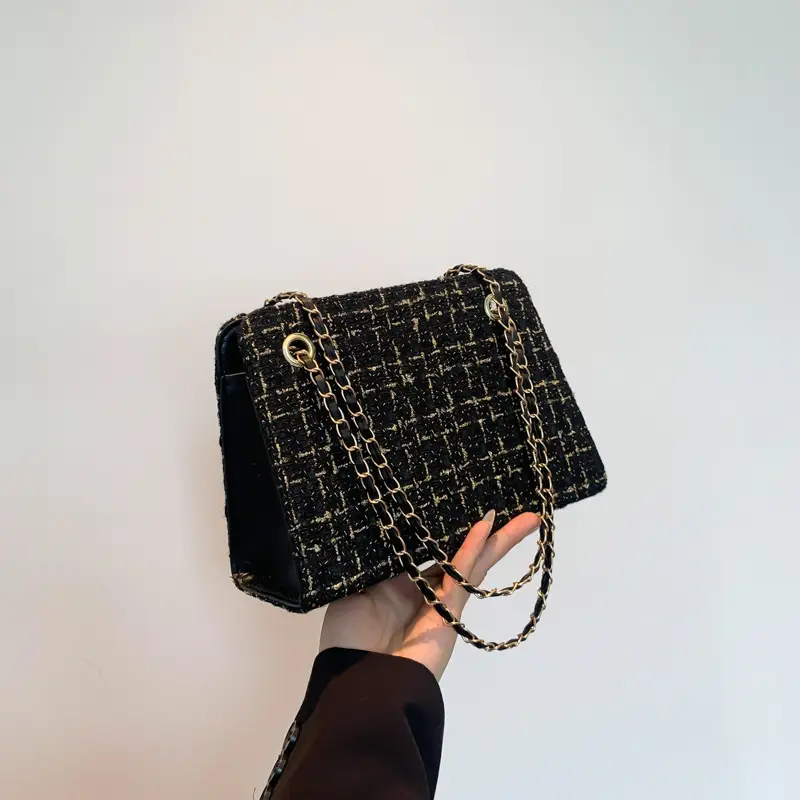 Women Plaid Woolen Shoulder Bag Chain 2024 Spring Summer - Image 3