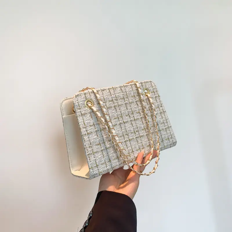 Women Plaid Woolen Shoulder Bag Chain 2024 Spring Summer - Image 4