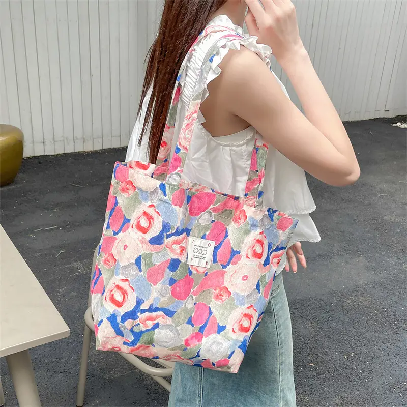 Ins Summer Floral Shoulder Bag Large Capacity Western Style Canvas Bag Female Student Class Book Bag Shopping Bag - Image 18