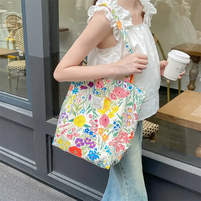 Ins Summer Floral Shoulder Bag Large Capacity Western Style Canvas Bag Female Student Class Book Bag Shopping Bag - Image 19