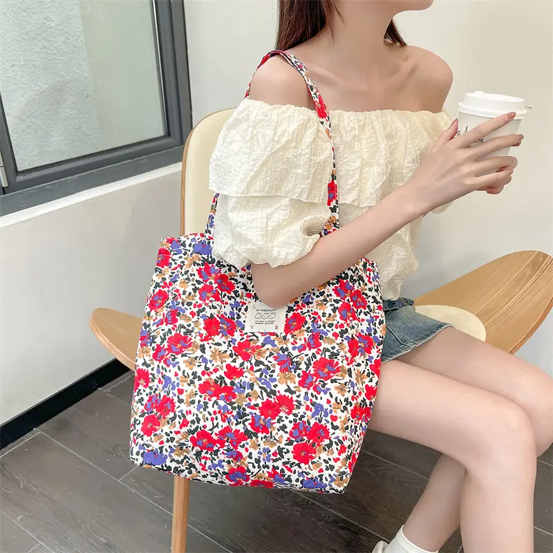 Ins Summer Floral Shoulder Bag Large Capacity Western Style Canvas Bag Female Student Class Book Bag Shopping Bag - Image 20