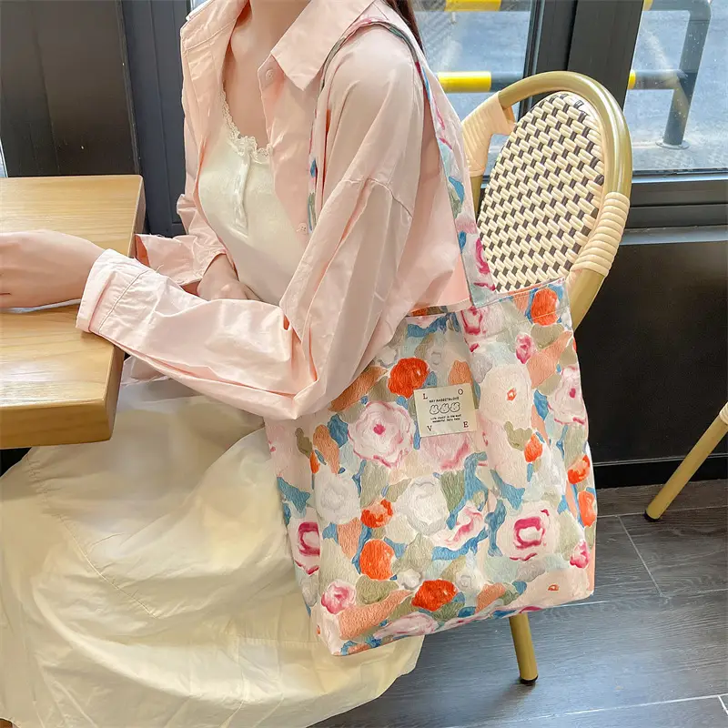 Ins Summer Floral Shoulder Bag Large Capacity Western Style Canvas Bag Female Student Class Book Bag Shopping Bag β feature 10
