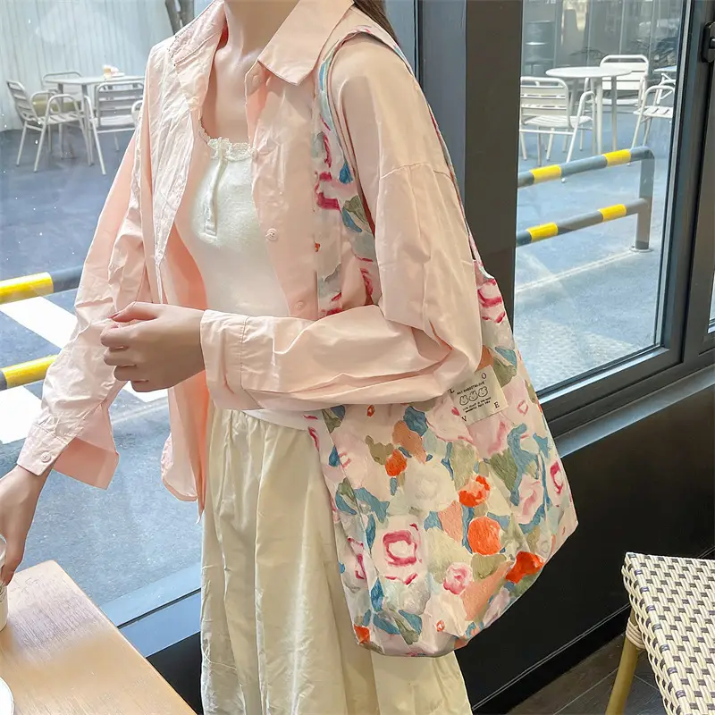 Ins Summer Floral Shoulder Bag Large Capacity Western Style Canvas Bag Female Student Class Book Bag Shopping Bag β feature 12