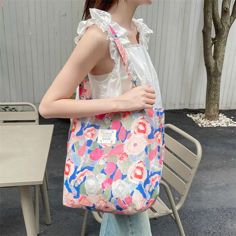 Ins Summer Floral Shoulder Bag Large Capacity Western Style Canvas Bag Female Student Class Book Bag Shopping Bag β feature 13