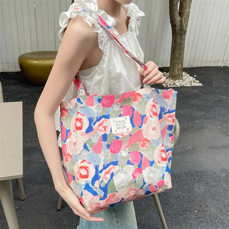 Ins Summer Floral Shoulder Bag Large Capacity Western Style Canvas Bag Female Student Class Book Bag Shopping Bag β feature 14