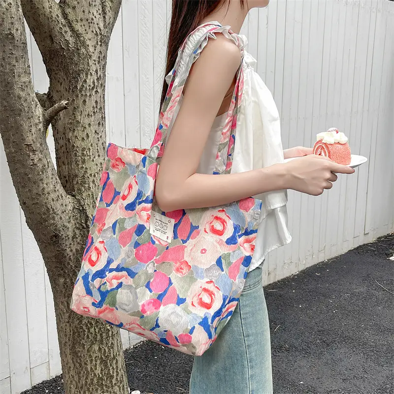 Ins Summer Floral Shoulder Bag Large Capacity Western Style Canvas Bag Female Student Class Book Bag Shopping Bag β feature 17