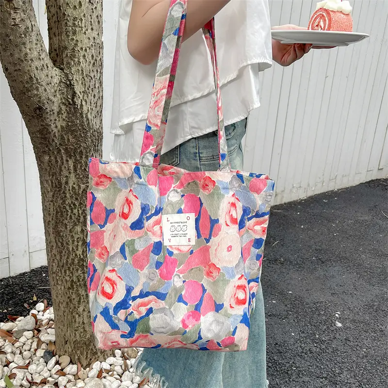 Ins Summer Floral Shoulder Bag Large Capacity Western Style Canvas Bag Female Student Class Book Bag Shopping Bag β feature 18