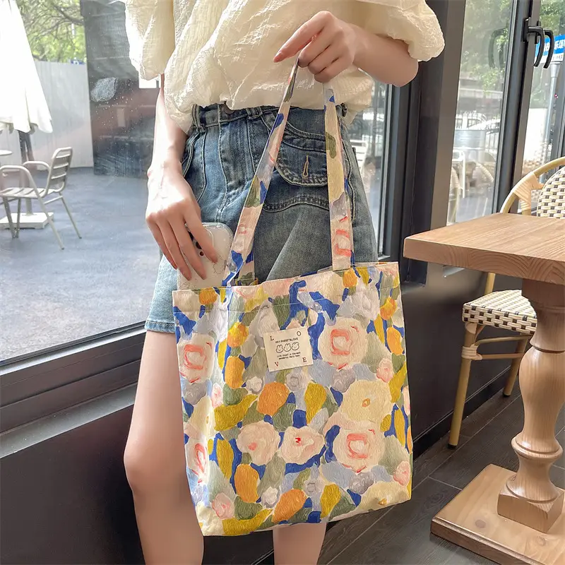 Ins Summer Floral Shoulder Bag Large Capacity Western Style Canvas Bag Female Student Class Book Bag Shopping Bag β feature 19