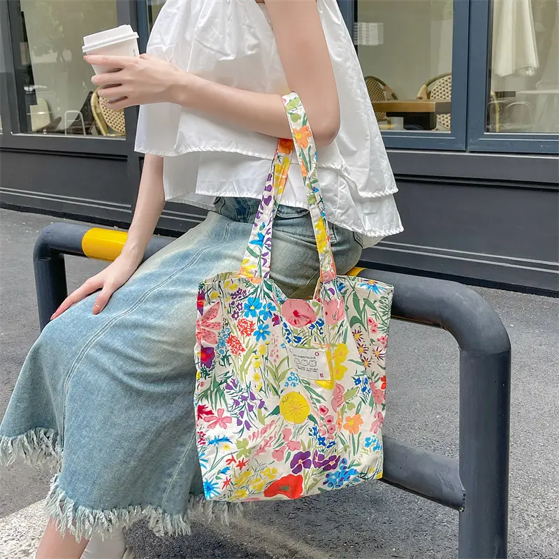 Ins Summer Floral Shoulder Bag Large Capacity Western Style Canvas Bag Female Student Class Book Bag Shopping Bag β feature 2