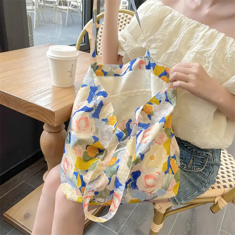 Ins Summer Floral Shoulder Bag Large Capacity Western Style Canvas Bag Female Student Class Book Bag Shopping Bag β feature 21
