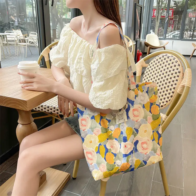 Ins Summer Floral Shoulder Bag Large Capacity Western Style Canvas Bag Female Student Class Book Bag Shopping Bag β feature 23