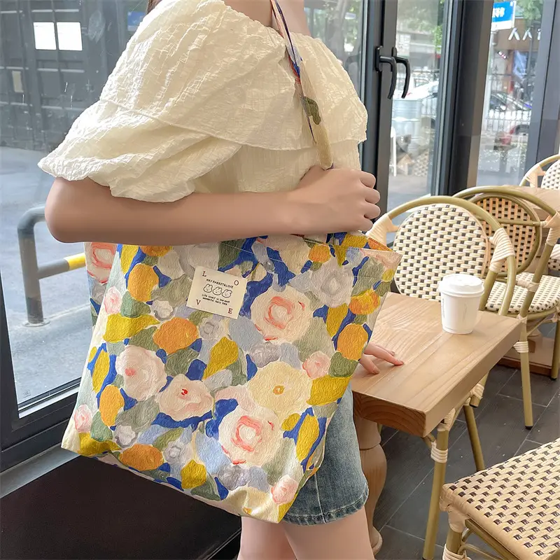 Ins Summer Floral Shoulder Bag Large Capacity Western Style Canvas Bag Female Student Class Book Bag Shopping Bag β feature 25
