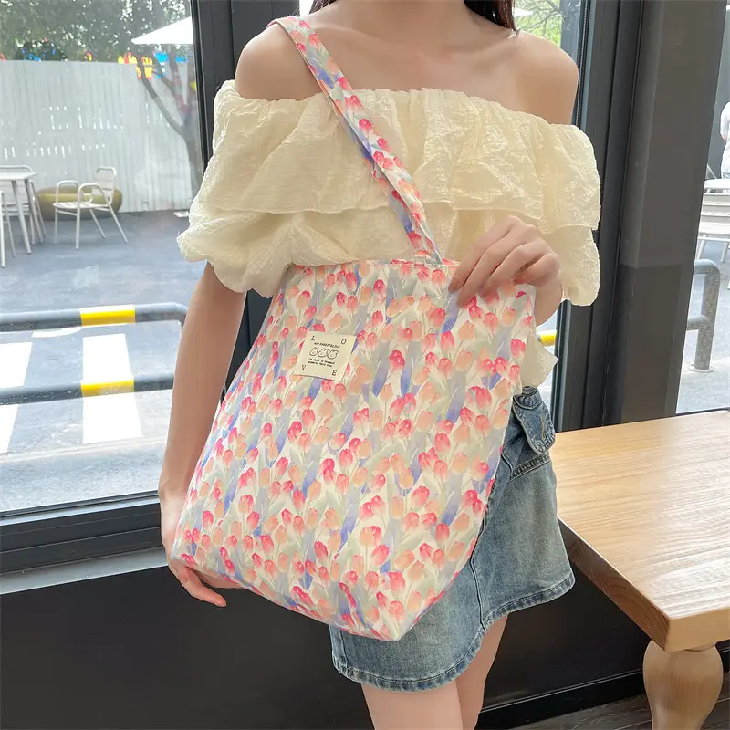 Ins Summer Floral Shoulder Bag Large Capacity Western Style Canvas Bag Female Student Class Book Bag Shopping Bag β feature 34