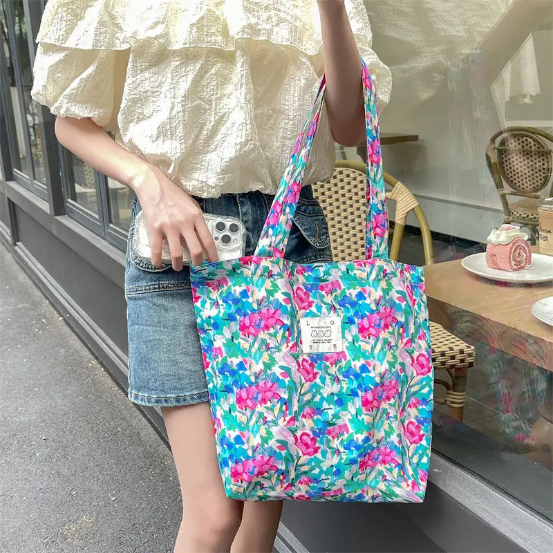 Ins Summer Floral Shoulder Bag Large Capacity Western Style Canvas Bag Female Student Class Book Bag Shopping Bag β feature 39