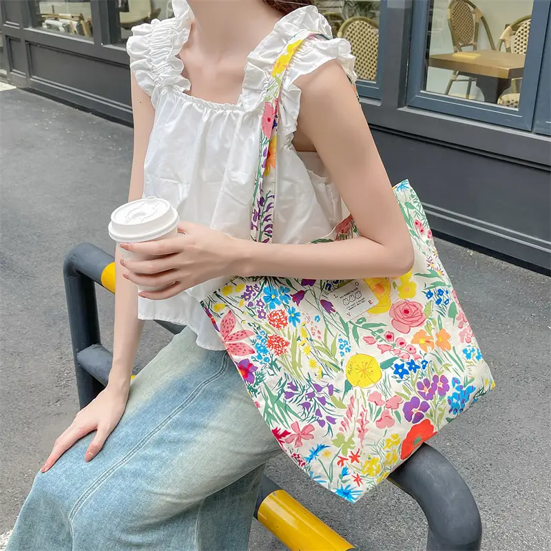 Ins Summer Floral Shoulder Bag Large Capacity Western Style Canvas Bag Female Student Class Book Bag Shopping Bag β feature 6