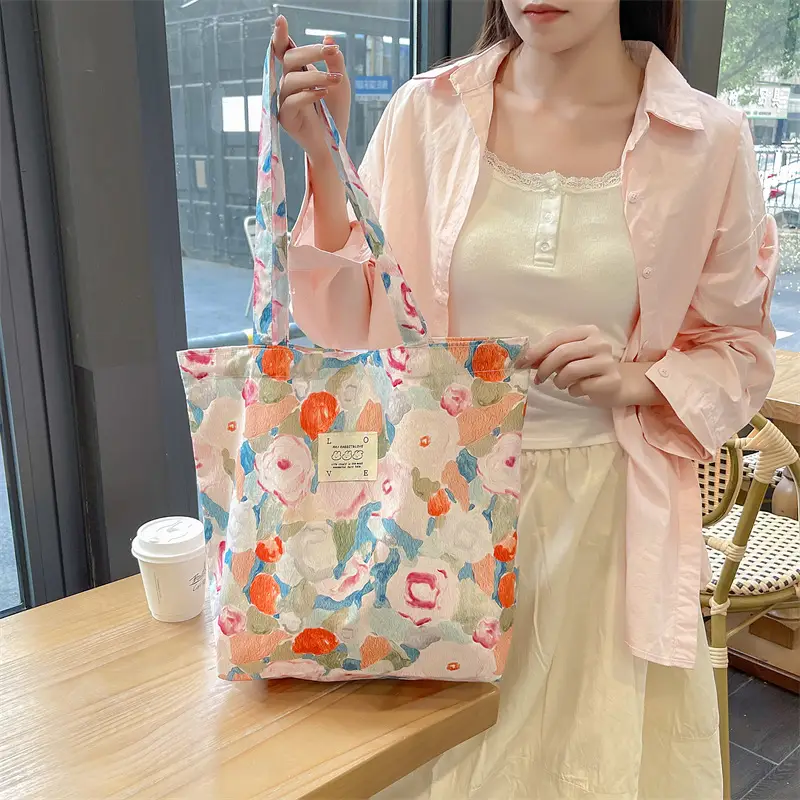 Ins Summer Floral Shoulder Bag Large Capacity Western Style Canvas Bag Female Student Class Book Bag Shopping Bag β feature 8