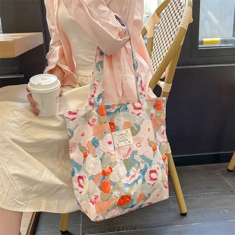 Ins Summer Floral Shoulder Bag Large Capacity Western Style Canvas Bag Female Student Class Book Bag Shopping Bag β feature 9