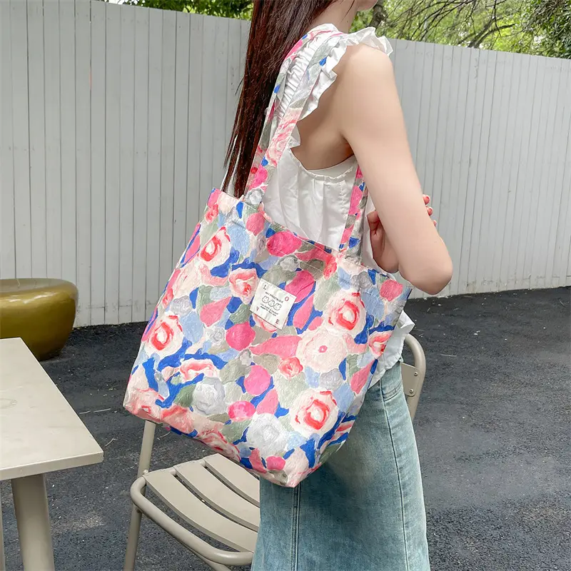 Ins Summer Floral Shoulder Bag Large Capacity Western Style Canvas Bag Female Student Class Book Bag Shopping Bag - Image 10