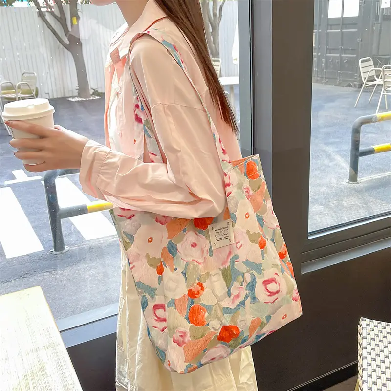 Ins Summer Floral Shoulder Bag Large Capacity Western Style Canvas Bag Female Student Class Book Bag Shopping Bag - Image 12