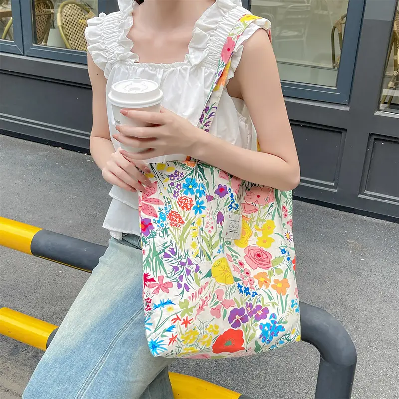 Ins Summer Floral Shoulder Bag Large Capacity Western Style Canvas Bag Female Student Class Book Bag Shopping Bag - Image 6