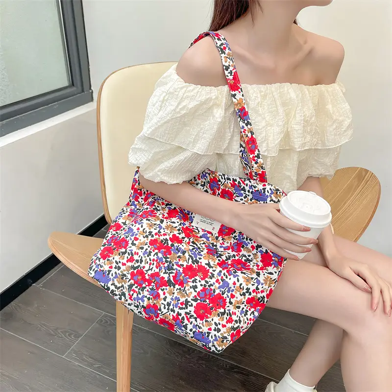 Ins Summer Floral Shoulder Bag Large Capacity Western Style Canvas Bag Female Student Class Book Bag Shopping Bag - Image 7