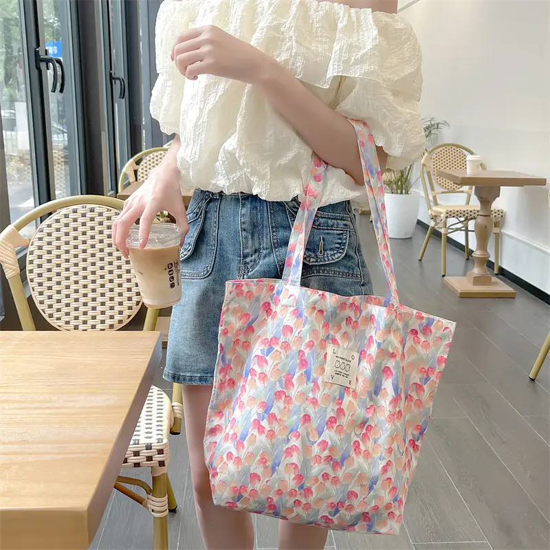 Ins Summer Floral Shoulder Bag Large Capacity Western Style Canvas Bag Female Student Class Book Bag Shopping Bag - Image 8