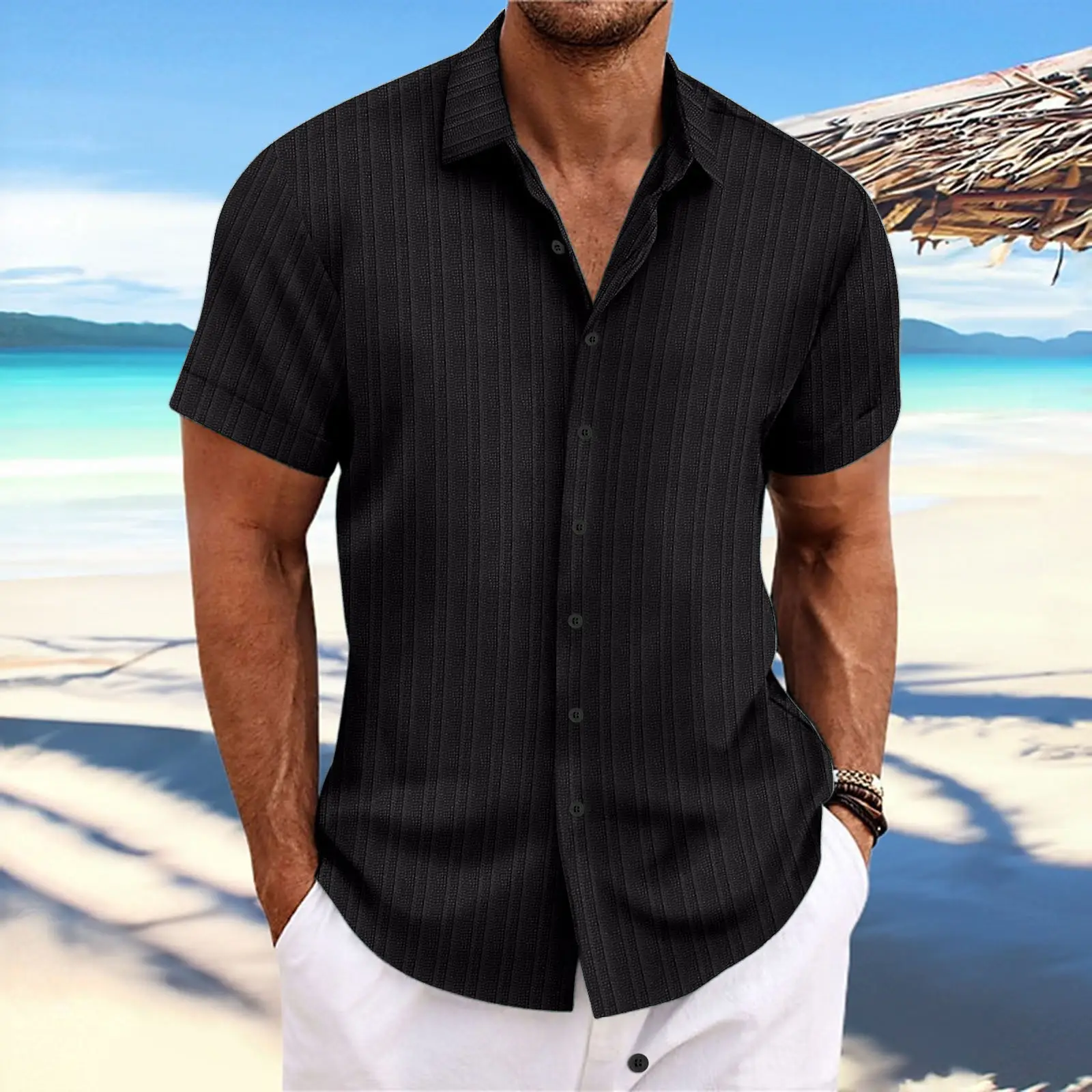 Men's Maroon Short Sleeve Shirt with Button Front — feature 2