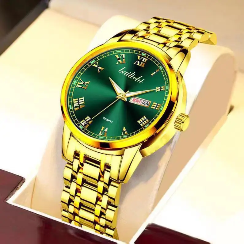 Men's Gold Quartz Watch Dual Calendar Luminous