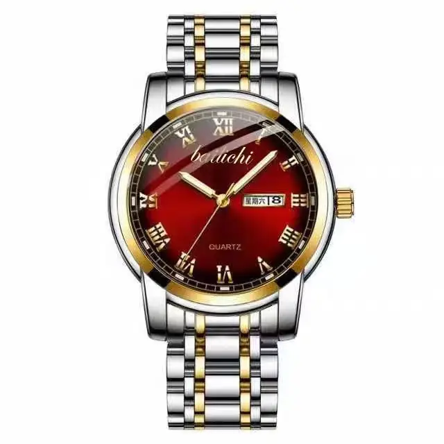 Men's Gold Quartz Watch Dual Calendar Luminous