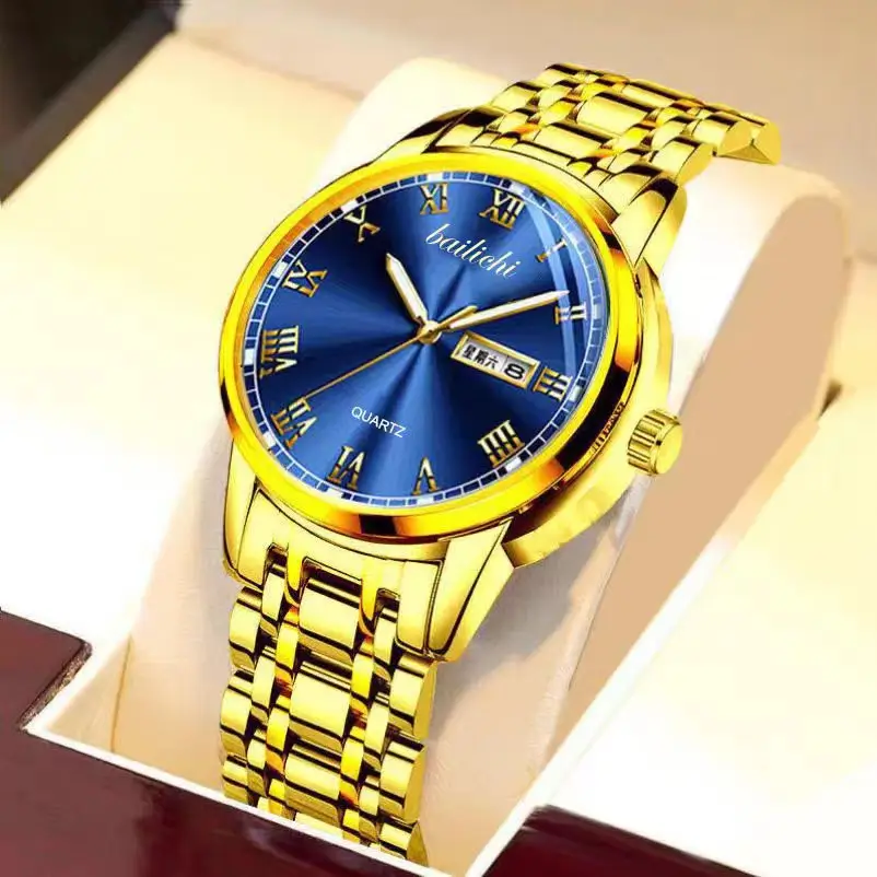 Men's Gold Quartz Watch Dual Calendar Luminous