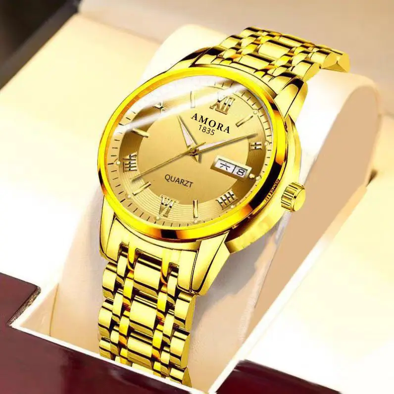 Men's Gold Quartz Watch Dual Calendar Luminous