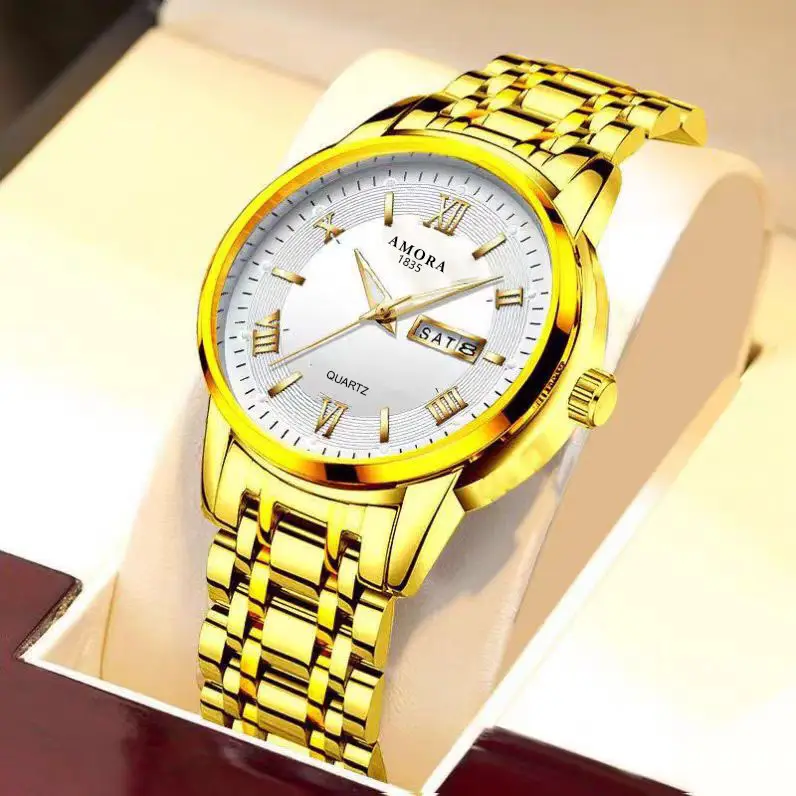 Men's Gold Quartz Watch Dual Calendar Luminous
