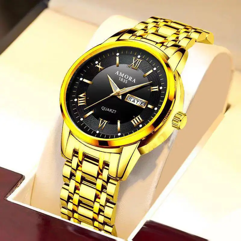 Men's Gold Quartz Watch Dual Calendar Luminous