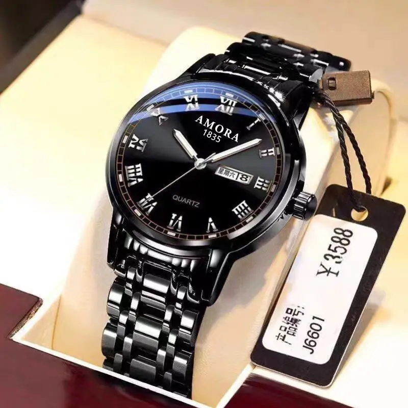 Men's Gold Quartz Watch Dual Calendar Luminous