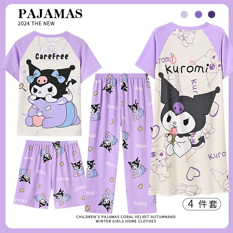 Children's Pajamas Girls Summer Four-piece Short-sleeved Trousers Thin Cartoon Little Girl Princess Middle and Big Children's Home Clothes