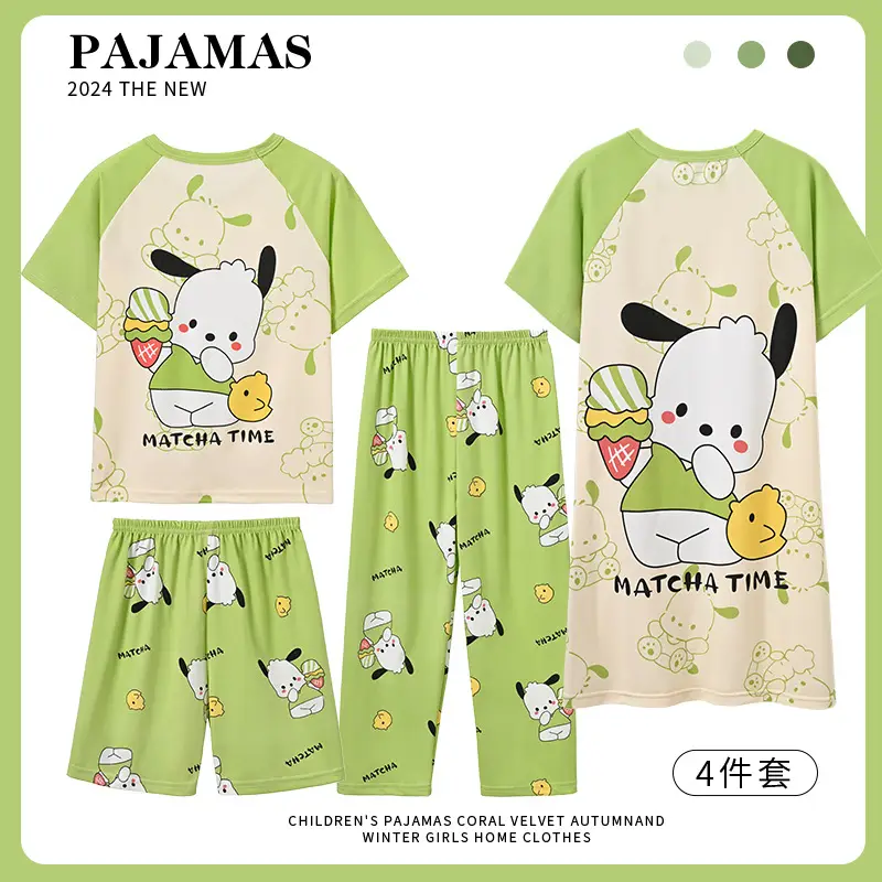 Children's Pajamas Girls Summer Four-piece Short-sleeved Trousers Thin Cartoon Little Girl Princess Middle and Big Children's Home Clothes