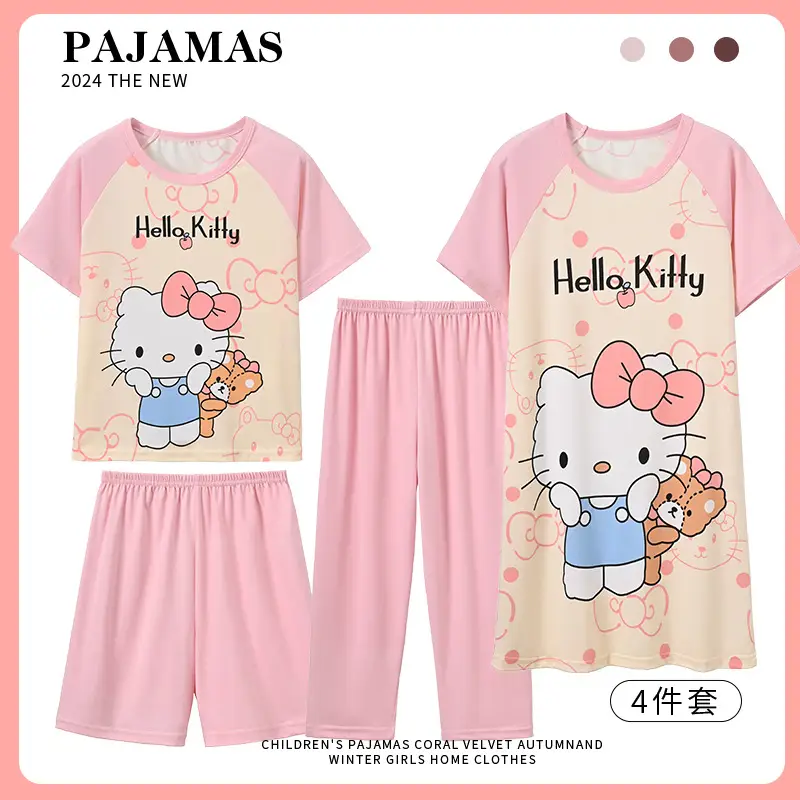 Children's Pajamas Girls Summer Four-piece Short-sleeved Trousers Thin Cartoon Little Girl Princess Middle and Big Children's Home Clothes