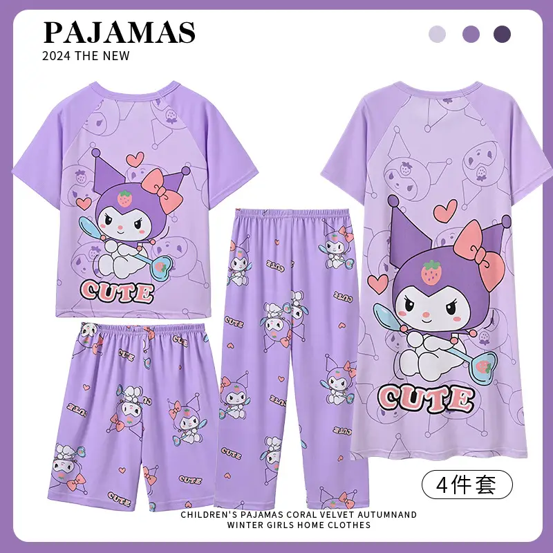 Children's Pajamas Girls Summer Four-piece Short-sleeved Trousers Thin Cartoon Little Girl Princess Middle and Big Children's Home Clothes