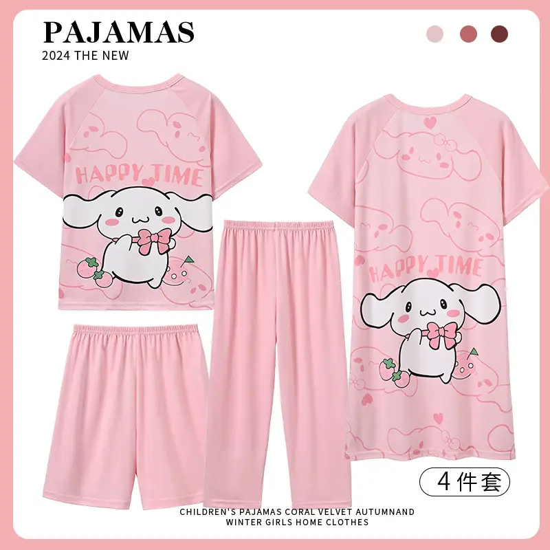 Children's Pajamas Girls Summer Four-piece Short-sleeved Trousers Thin Cartoon Little Girl Princess Middle and Big Children's Home Clothes