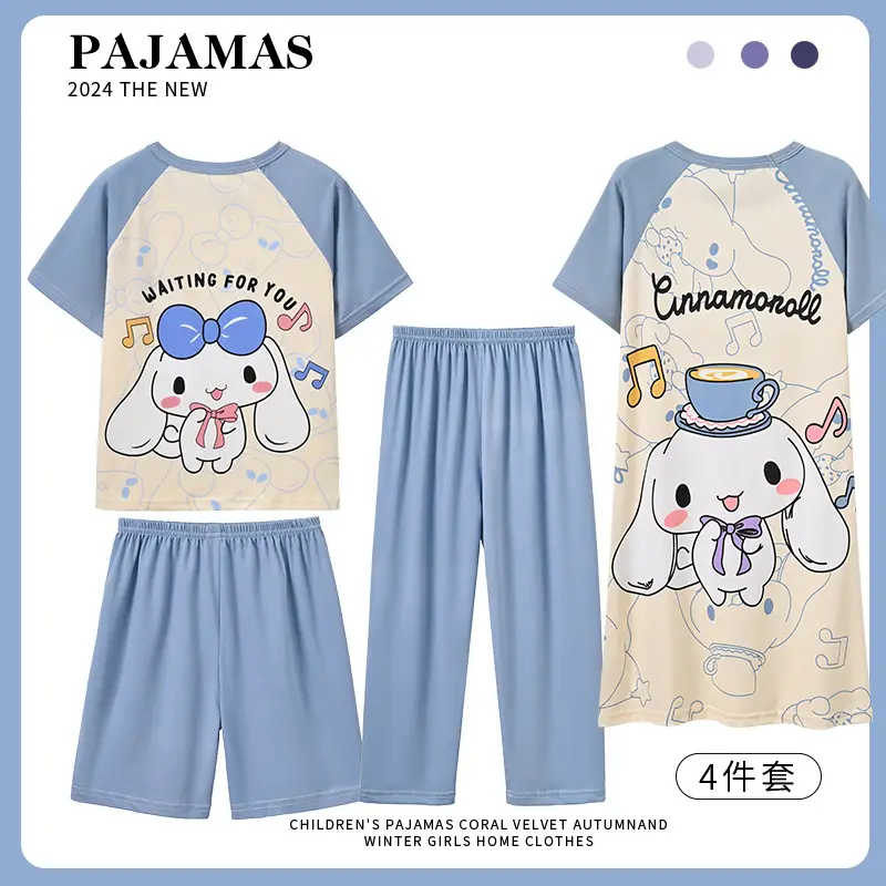 Children's Pajamas Girls Summer Four-piece Short-sleeved Trousers Thin Cartoon Little Girl Princess Middle and Big Children's Home Clothes