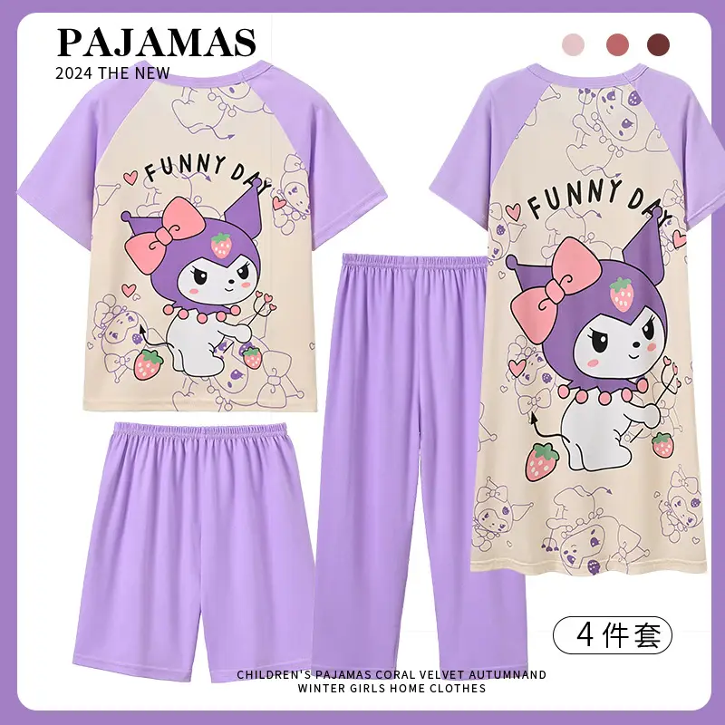 Children's Pajamas Girls Summer Four-piece Short-sleeved Trousers Thin Cartoon Little Girl Princess Middle and Big Children's Home Clothes