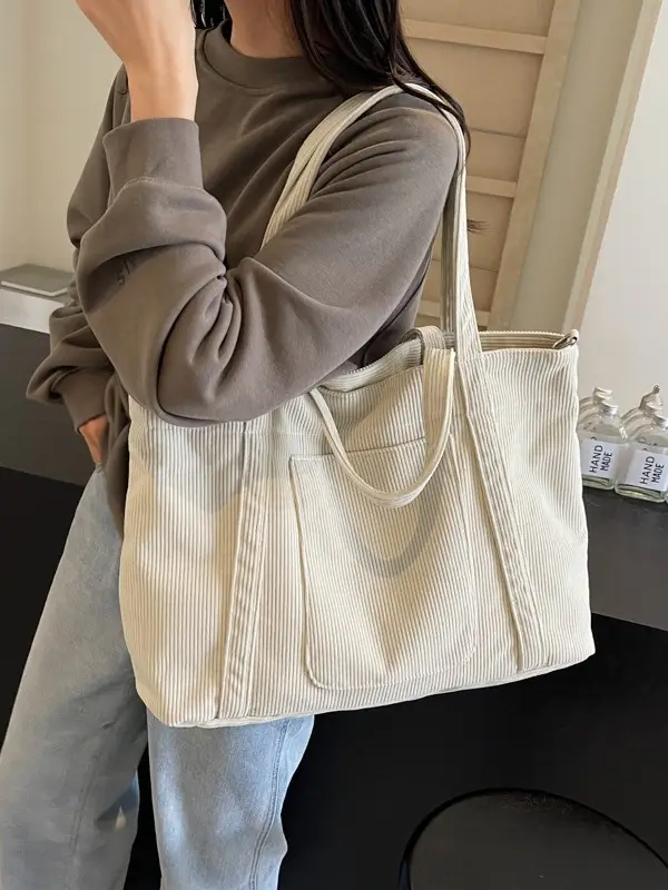 Black Corduroy Women's Shoulder Crossbody Tote Bag - Image 6