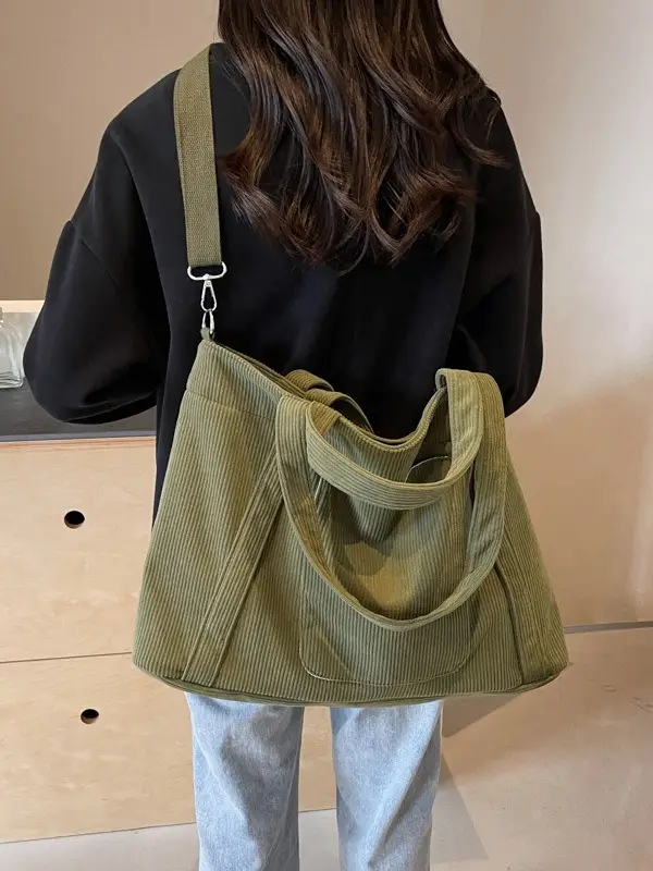 Black Corduroy Women's Shoulder Crossbody Tote Bag - Image 8